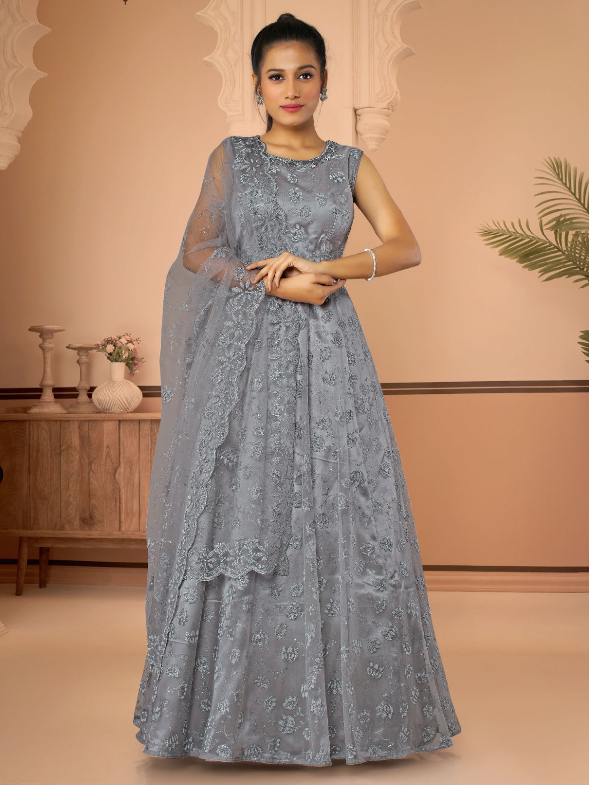 Deep Grey Net Asymmetrical Style Gown for Party WJ77924