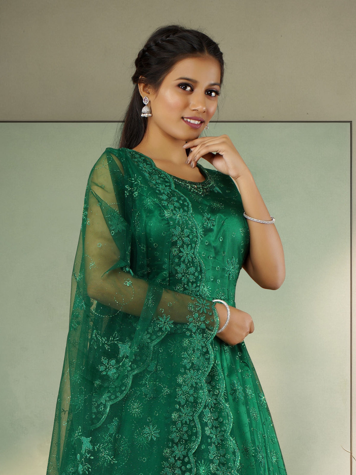 Odette Green  Net  Embroidered Stitched Gown  for Women