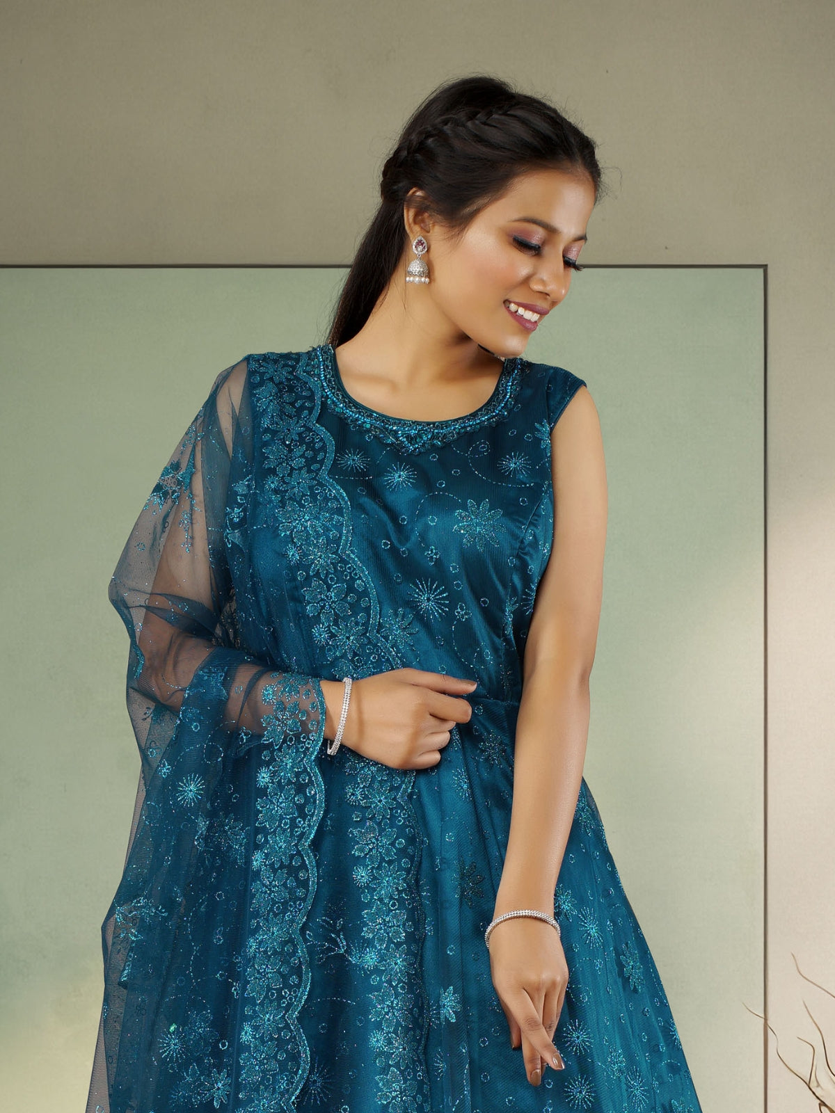 Odette Teal  Net  Embroidered Stitched Gown  for Women