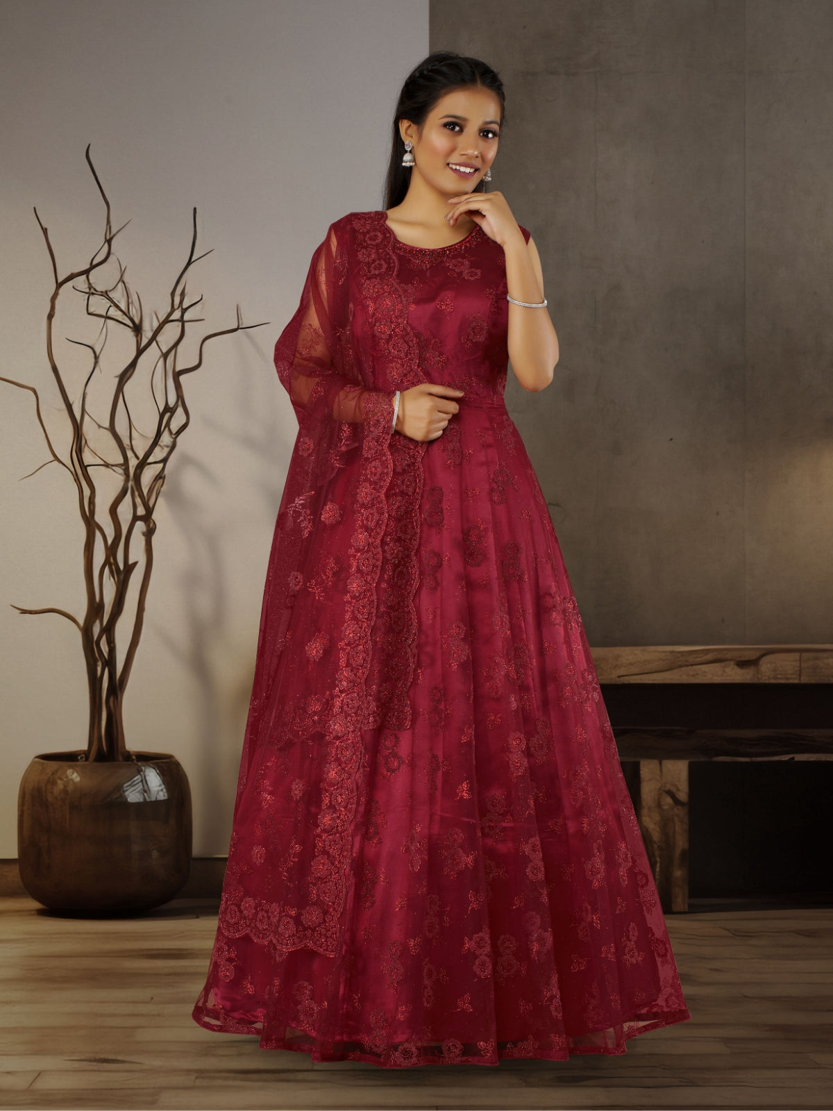 Odette Maroon Net  Embroidered Stitched Gown  for Women