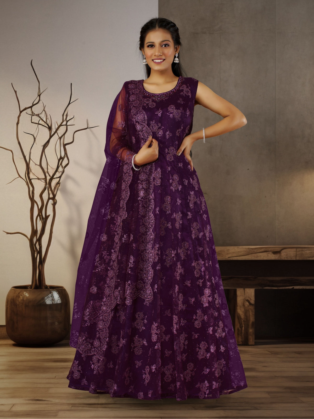 Odette Violet Net  Embroidered Stitched Gown  for Women