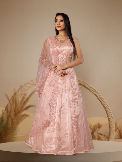 Odette Peach Net  Embroidered Stitched Gown  for Women