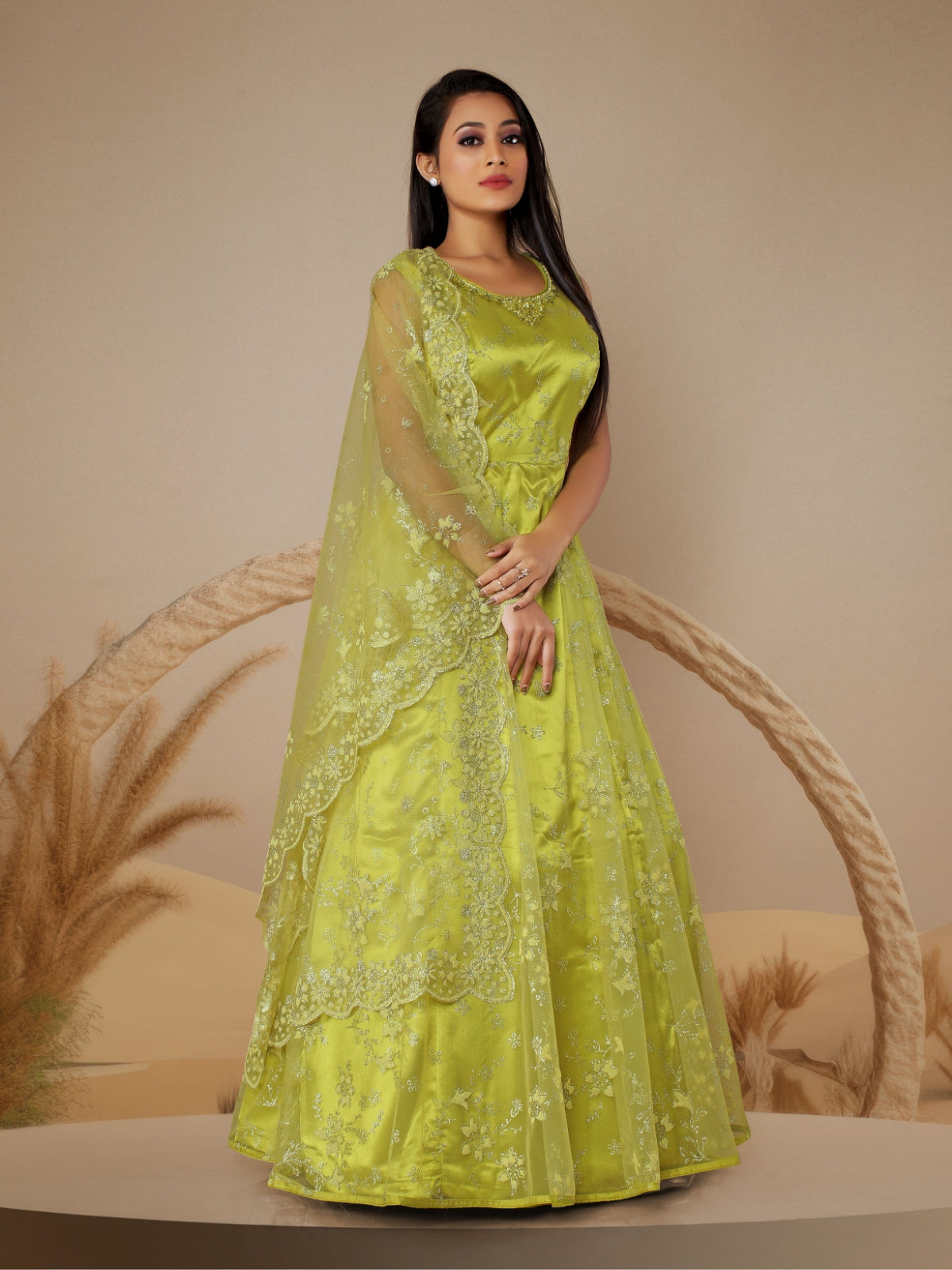 Odette Lime Green Net  Embroidered Stitched Gown  for Women