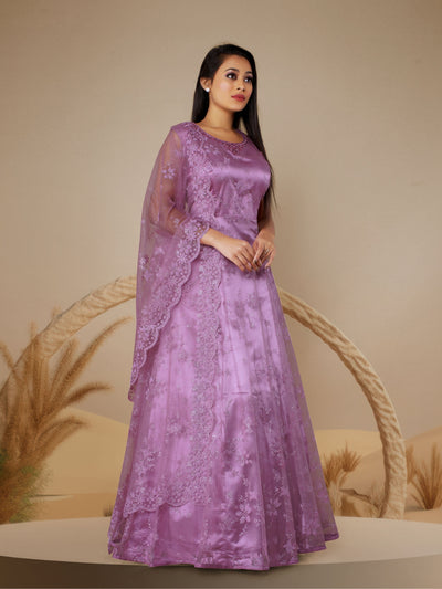 Odette Light Purple Net  Embroidered Stitched Gown  for Women