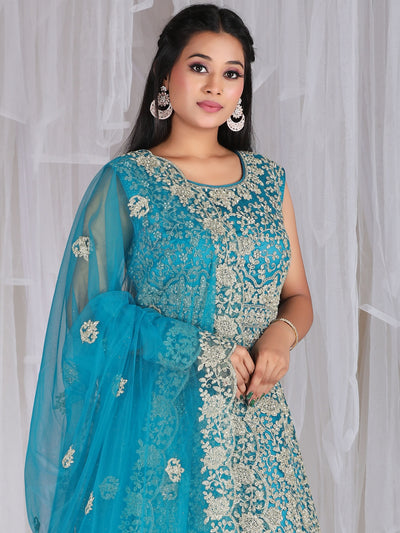 Odette Blue Net  Embroidered Stitched Gown  for Women