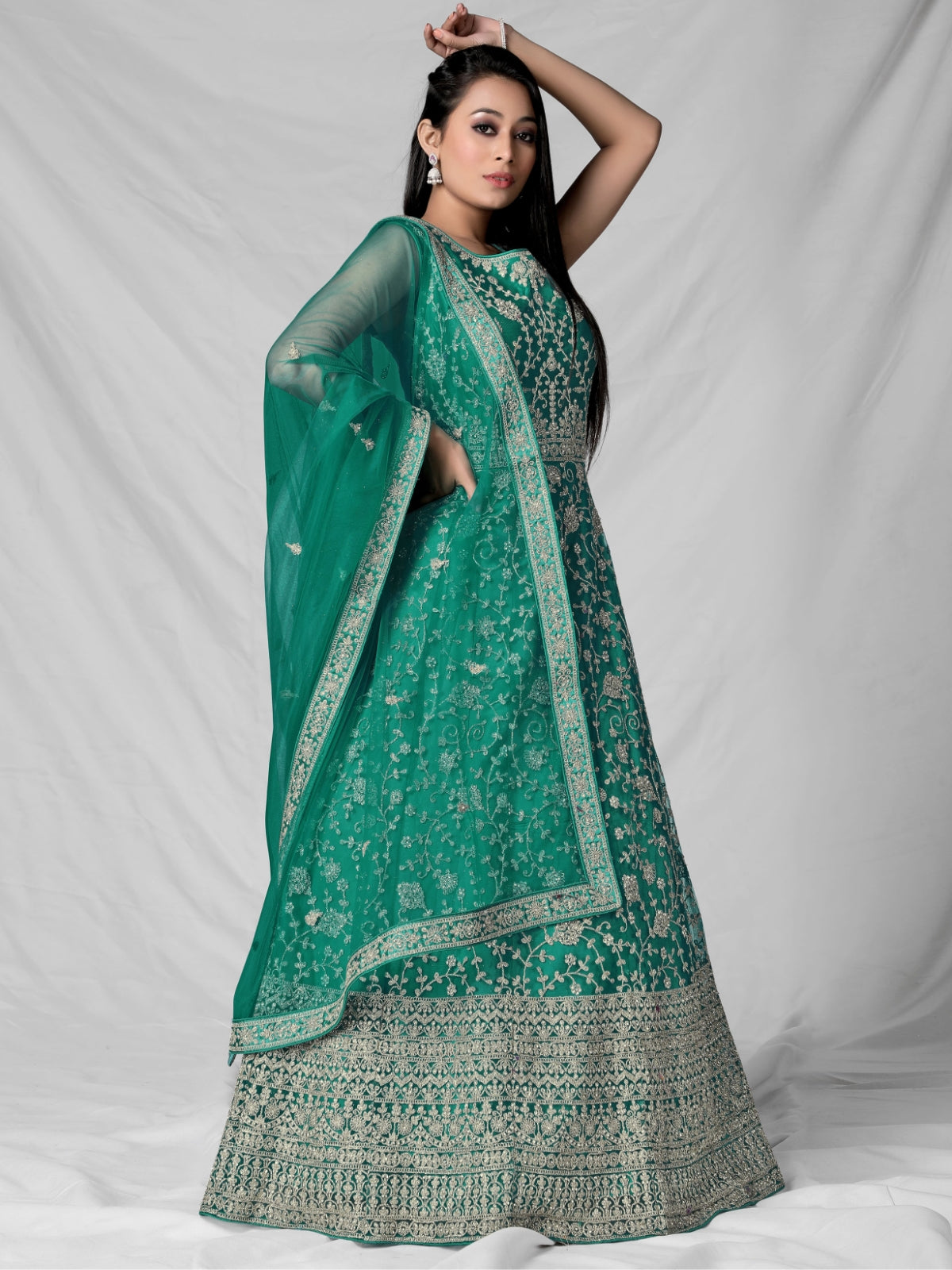 Odette Green Net Embroidered Stitched Gown  for Women