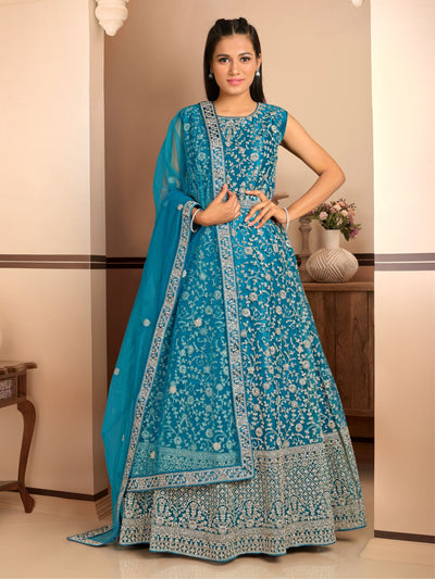Odette Blue Net Embroidered Stitched Gown  for Women