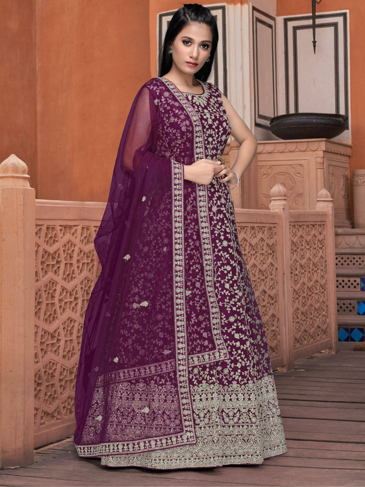 Odette Violet Net Embroidered Stitched Gown  for Women