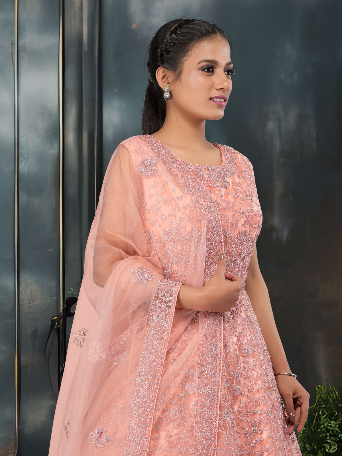 Odette Peach Pink Net  Embroidered Stitched Gown  for Women