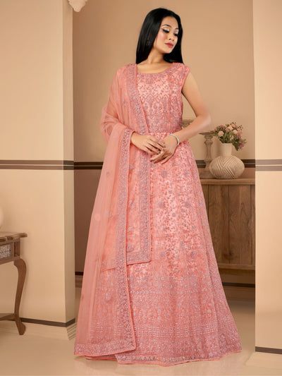 Odette Peach  Net  Embroidered Stitched Gown  for Women