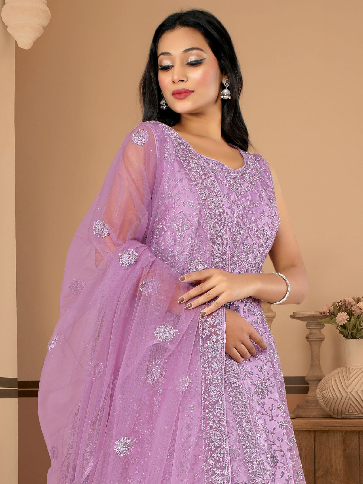 Odette Purple Net  Embroidered Stitched Gown  for Women