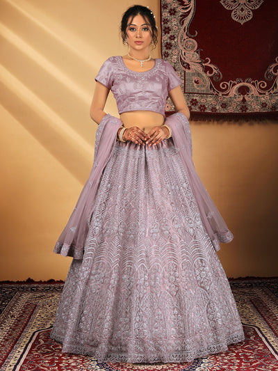 Odette Women Lavender Net Embroidered Semi Stitched Lehenga With Unstitched Blouse