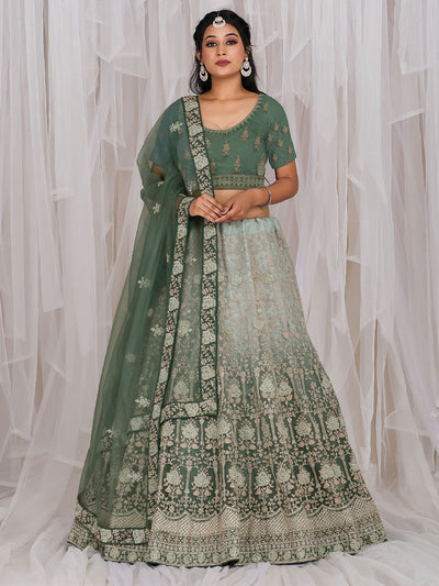 Odette Women Green Net Embroidered Semi Stitched Lehenga With Unstitched Blouse