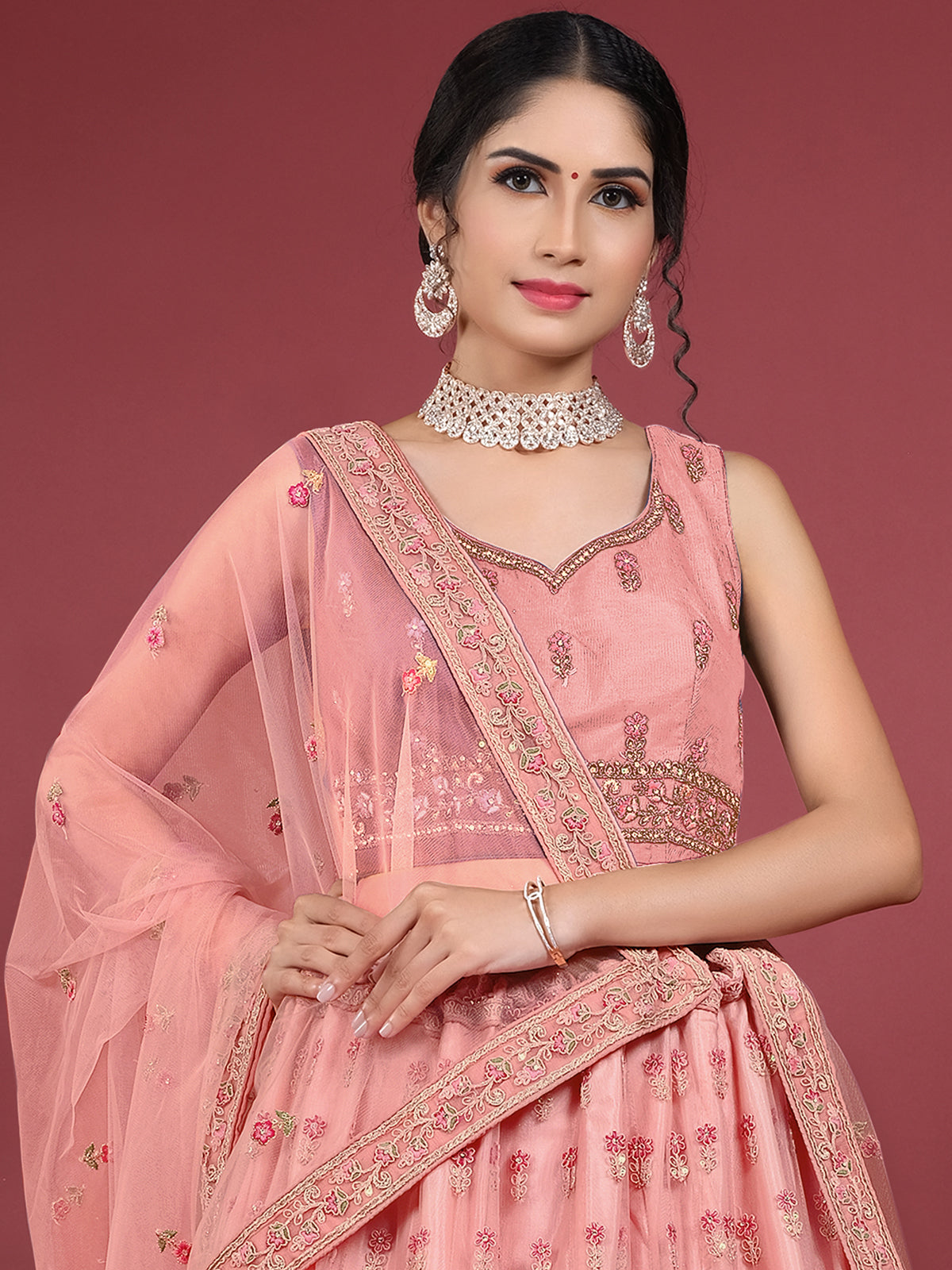 Odette Women Pink Net Embroidered Semi Stitched Lehenga With Unstitched Blouse