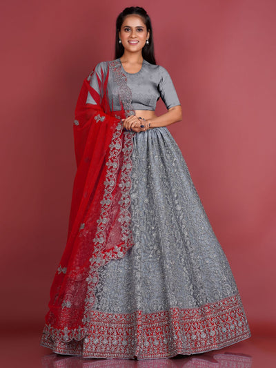 Odette Grey Soft Net Semi Stitched  Lehenga With Unstitched Blouse For Women