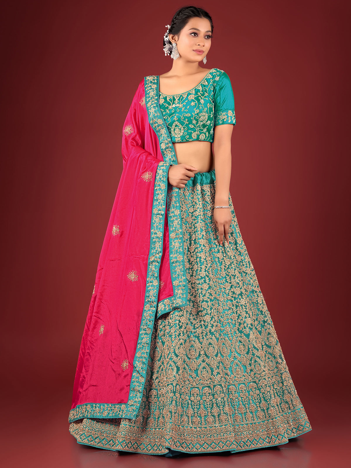 Odette Women Blue Net Embroidered Stitched Lehenga With Unstitched Blouse