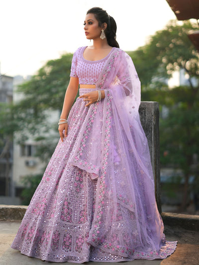 Odette Purple Soft Net Semi Stitched  Lehenga With Unstitched Blouse For Women