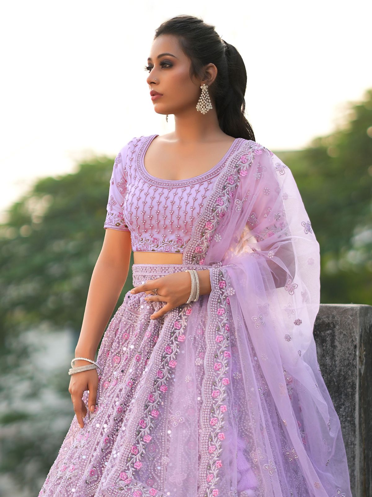 Odette Purple Soft Net Semi Stitched  Lehenga With Unstitched Blouse For Women