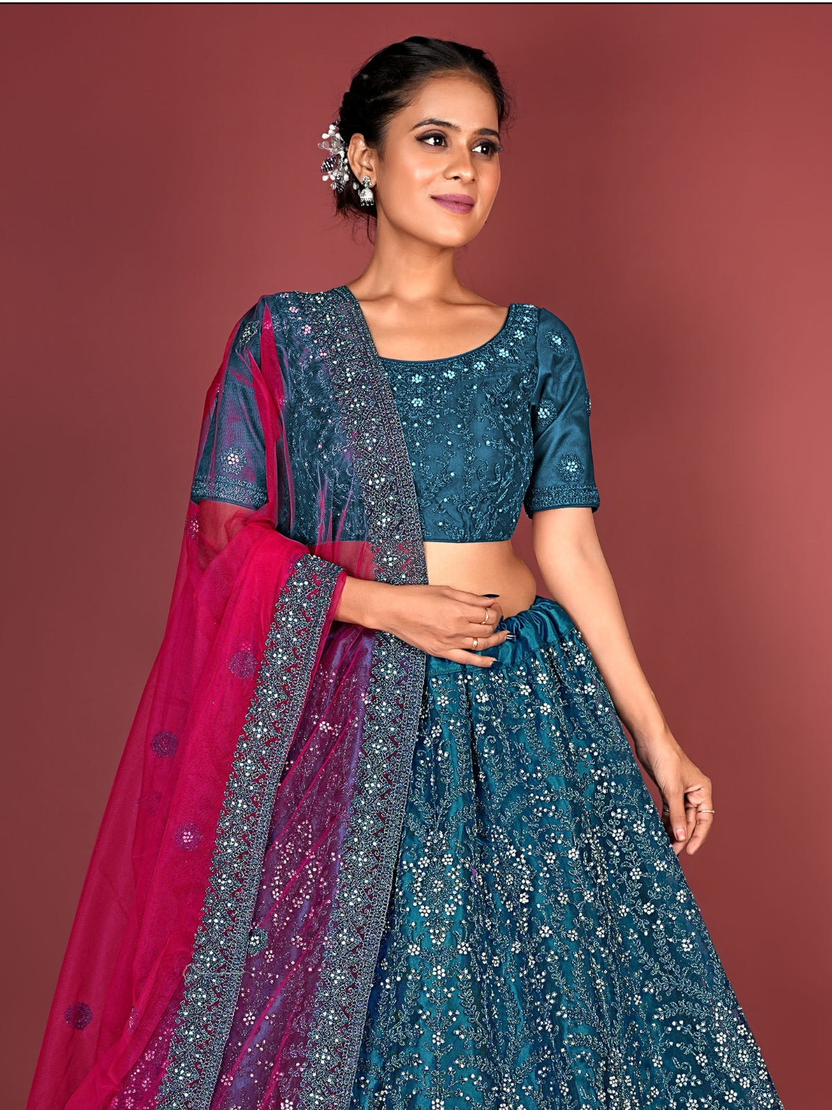 Odette Teal Soft Net Semi Stitched  Lehenga With Unstitched Blouse For Women