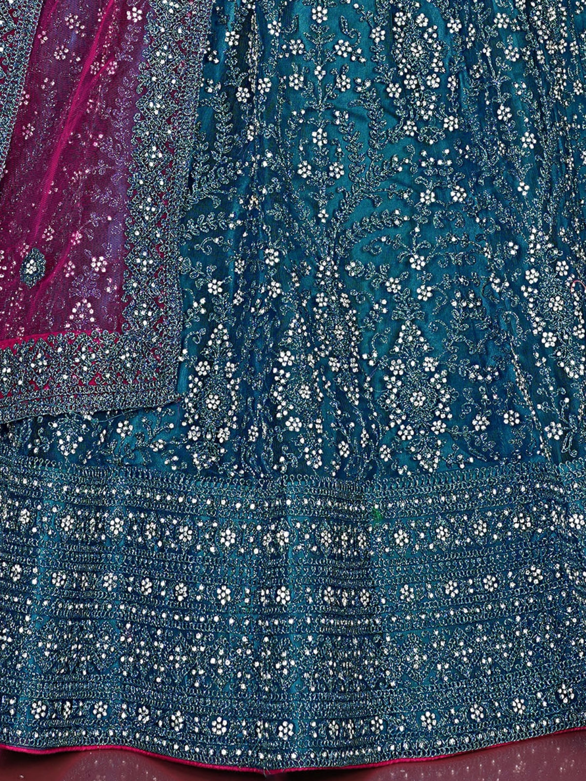 Odette Teal Soft Net Semi Stitched  Lehenga With Unstitched Blouse For Women