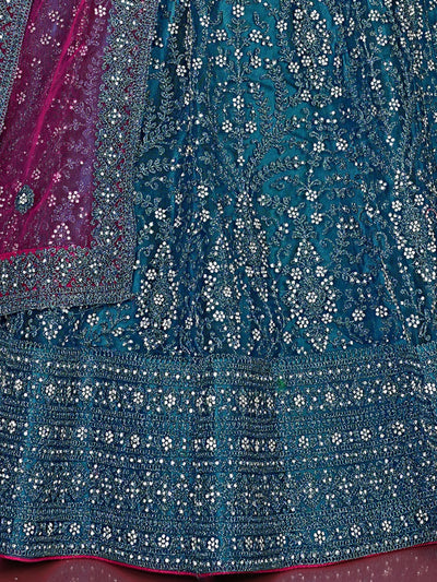 Odette Teal Soft Net Semi Stitched  Lehenga With Unstitched Blouse For Women