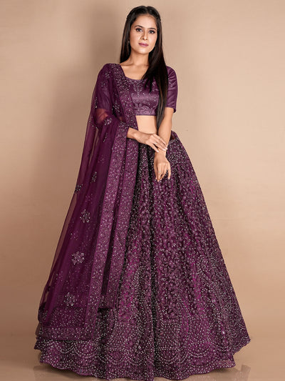 Odette Violet Soft Net Semi Stitched  Lehenga With Unstitched Blouse For Women