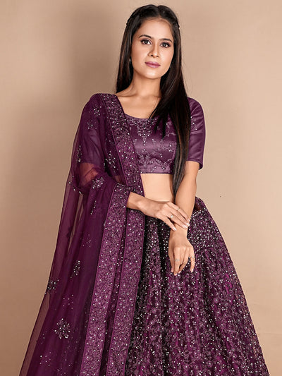 Odette Violet Soft Net Semi Stitched  Lehenga With Unstitched Blouse For Women