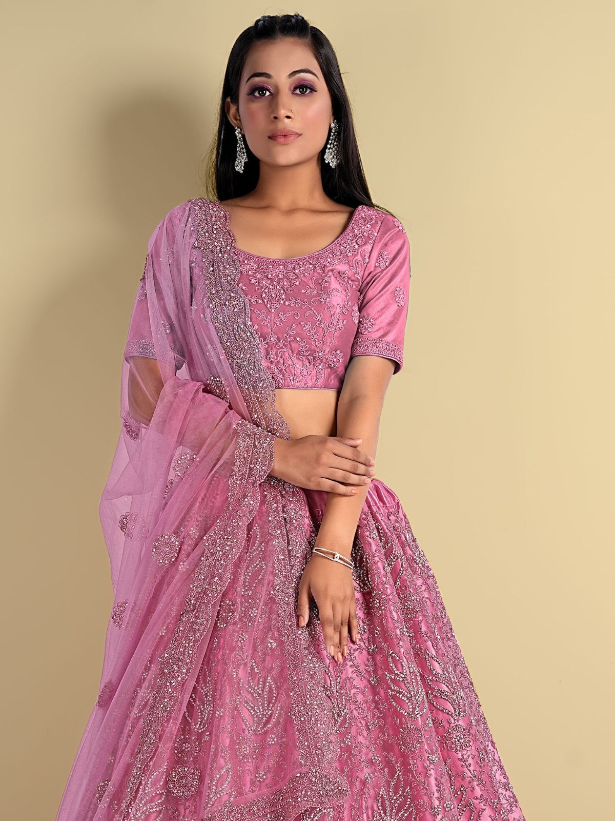 Odette Pink Soft Net Semi Stitched  Lehenga With Unstitched Blouse For Women