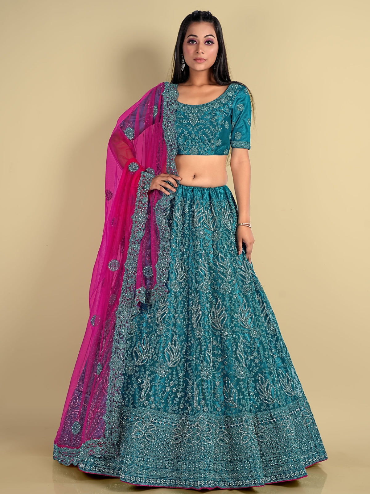 Odette Teal Soft Net Semi Stitched  Lehenga With Unstitched Blouse For Women