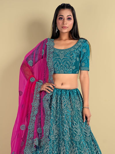 Odette Teal Soft Net Semi Stitched  Lehenga With Unstitched Blouse For Women