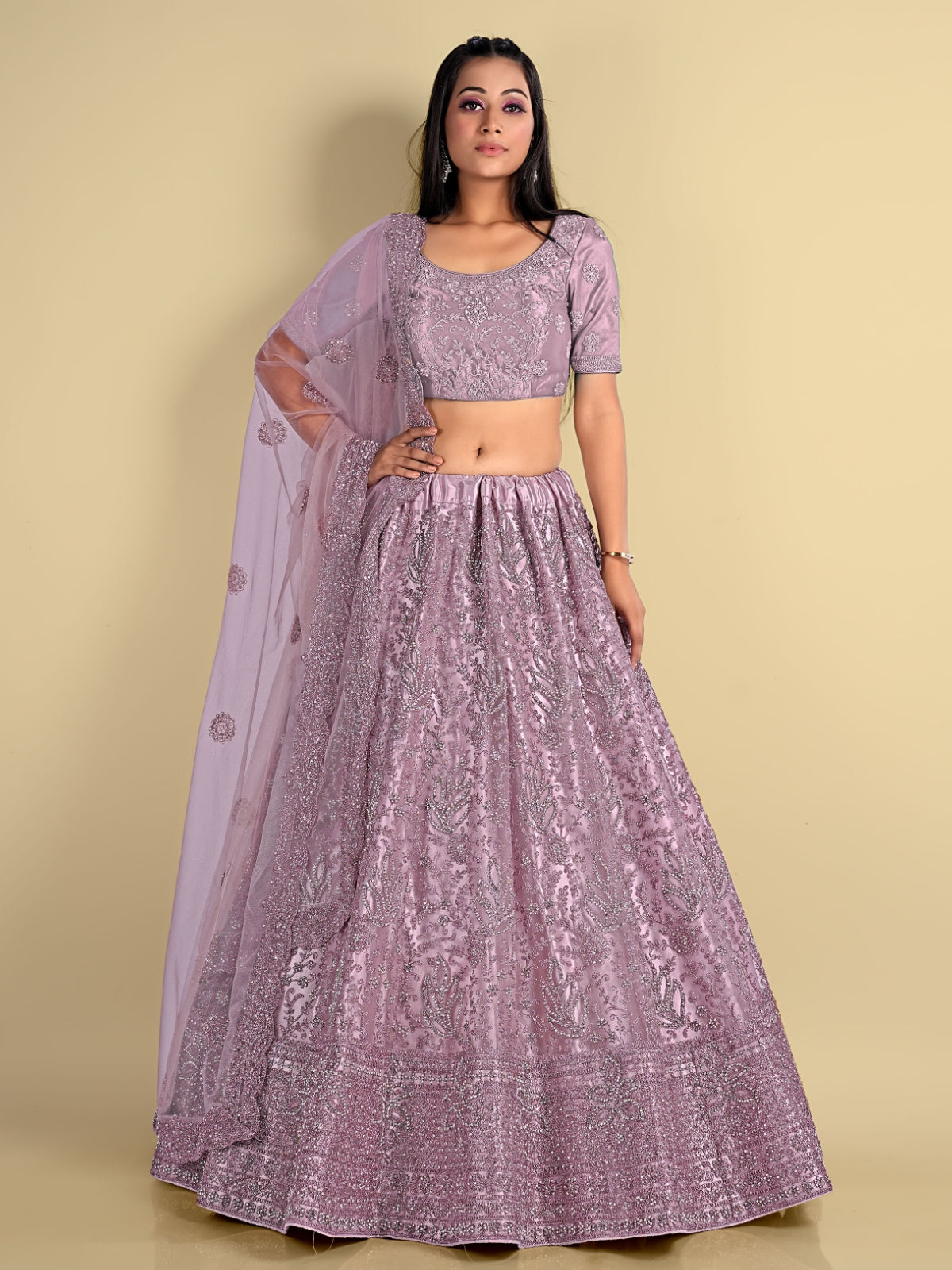 Odette Lilac Soft Net Semi Stitched  Lehenga With Unstitched Blouse For Women