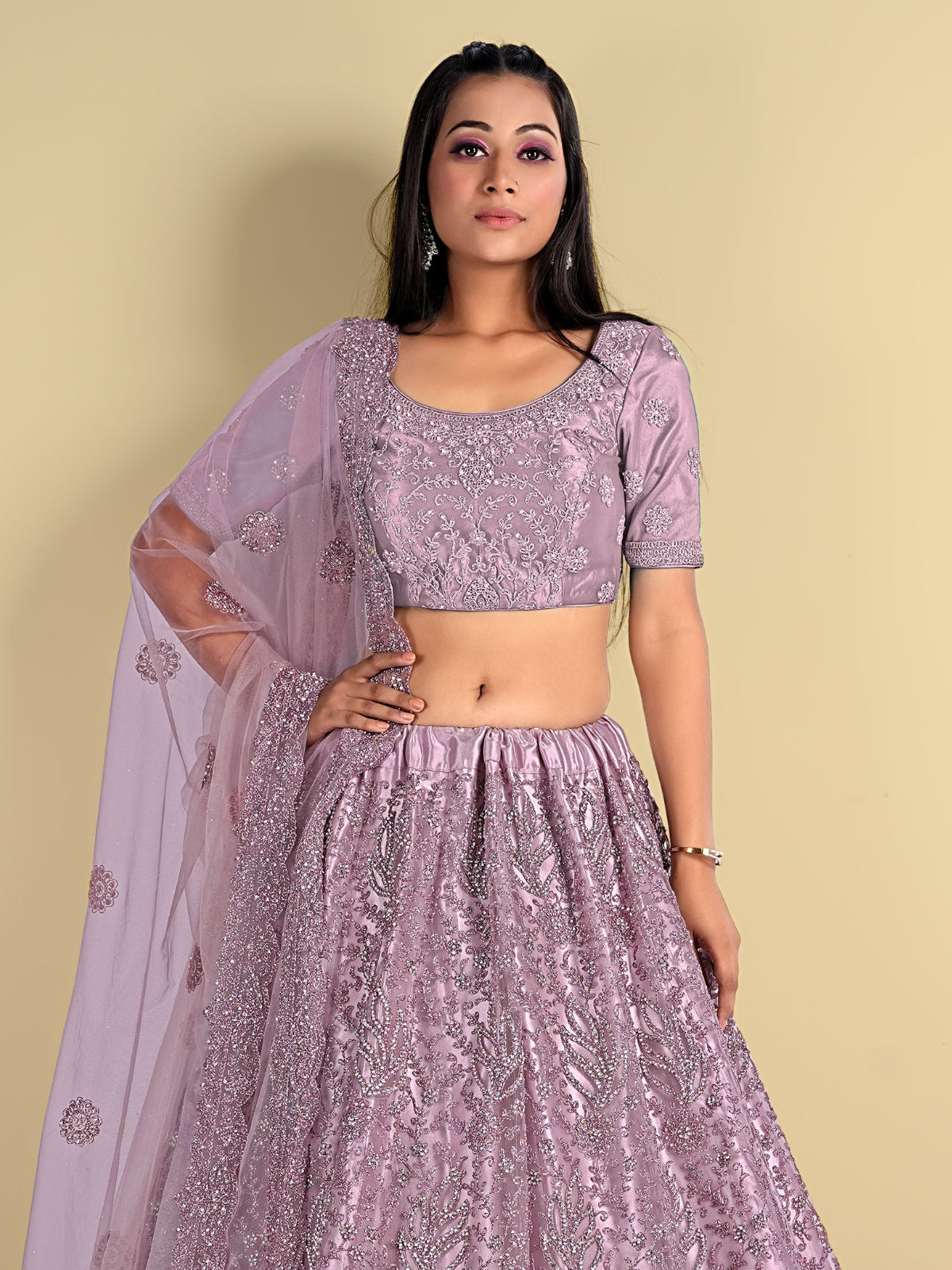 Odette Lilac Soft Net Semi Stitched  Lehenga With Unstitched Blouse For Women