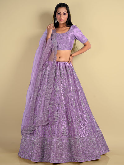 Odette Purple Soft Net Semi Stitched  Lehenga With Unstitched Blouse For Women