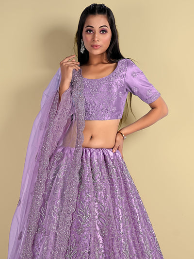 Odette Purple Soft Net Semi Stitched  Lehenga With Unstitched Blouse For Women