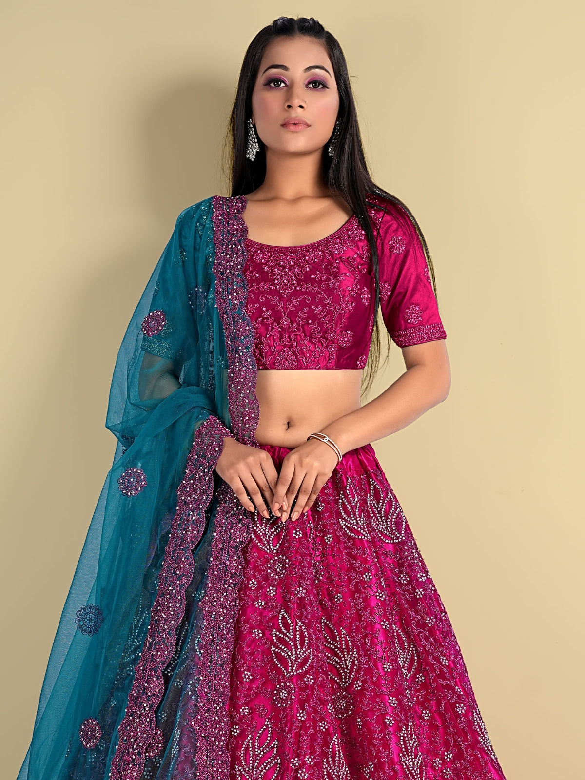 Odette Pink Soft Net Semi Stitched  Lehenga With Unstitched Blouse For Women