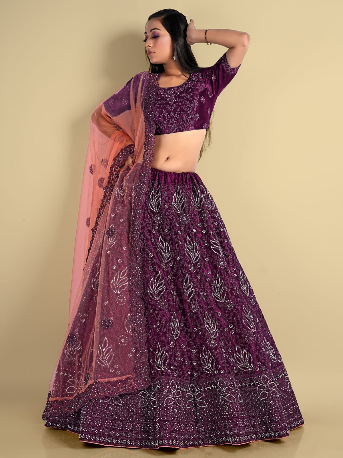 Odette Violet Soft Net Semi Stitched  Lehenga With Unstitched Blouse For Women