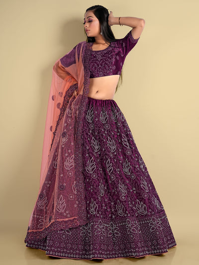 Odette Violet Soft Net Semi Stitched  Lehenga With Unstitched Blouse For Women