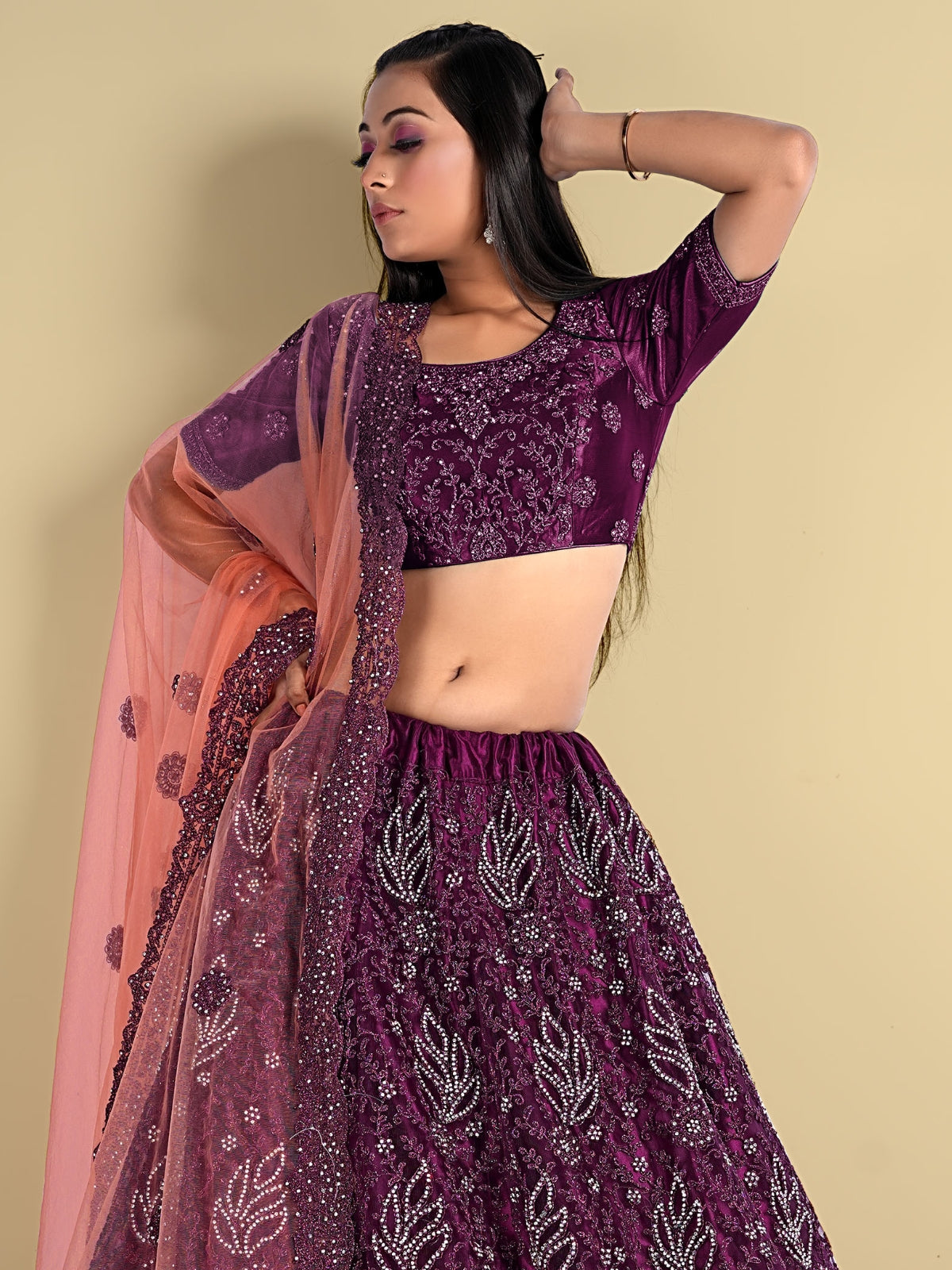 Odette Violet Soft Net Semi Stitched  Lehenga With Unstitched Blouse For Women