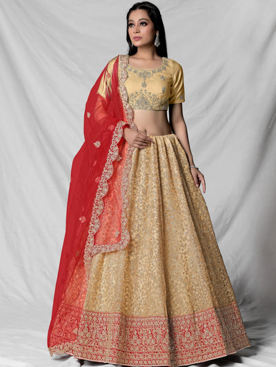 Odette Mustard Soft Net Semi Stitched  Lehenga With Unstitched Blouse For Women