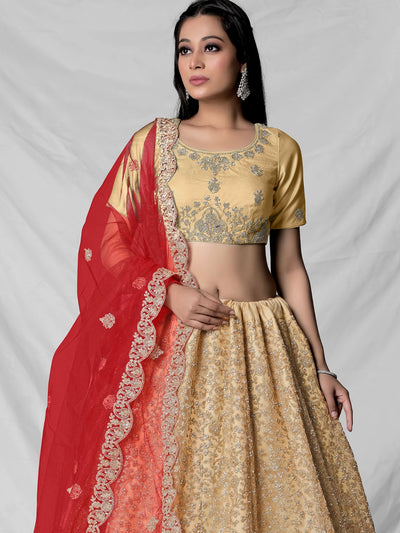 Odette Mustard Soft Net Semi Stitched  Lehenga With Unstitched Blouse For Women