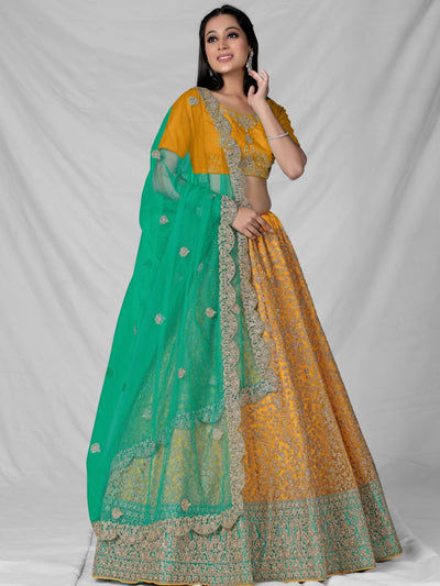 Odette Yellow Soft Net Semi Stitched  Lehenga With Unstitched Blouse For Women
