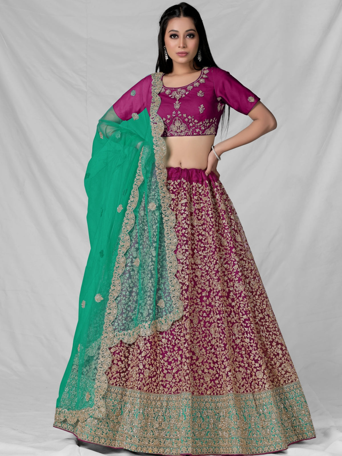 Odette  Magenta Soft Net Semi Stitched  Lehenga With Unstitched Blouse For Women