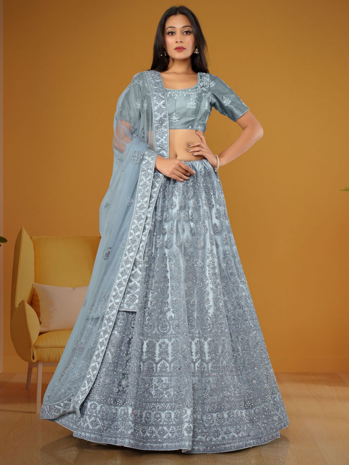 Odette Grey Soft Net Semi Stitched  Lehenga With Unstitched Blouse For Women