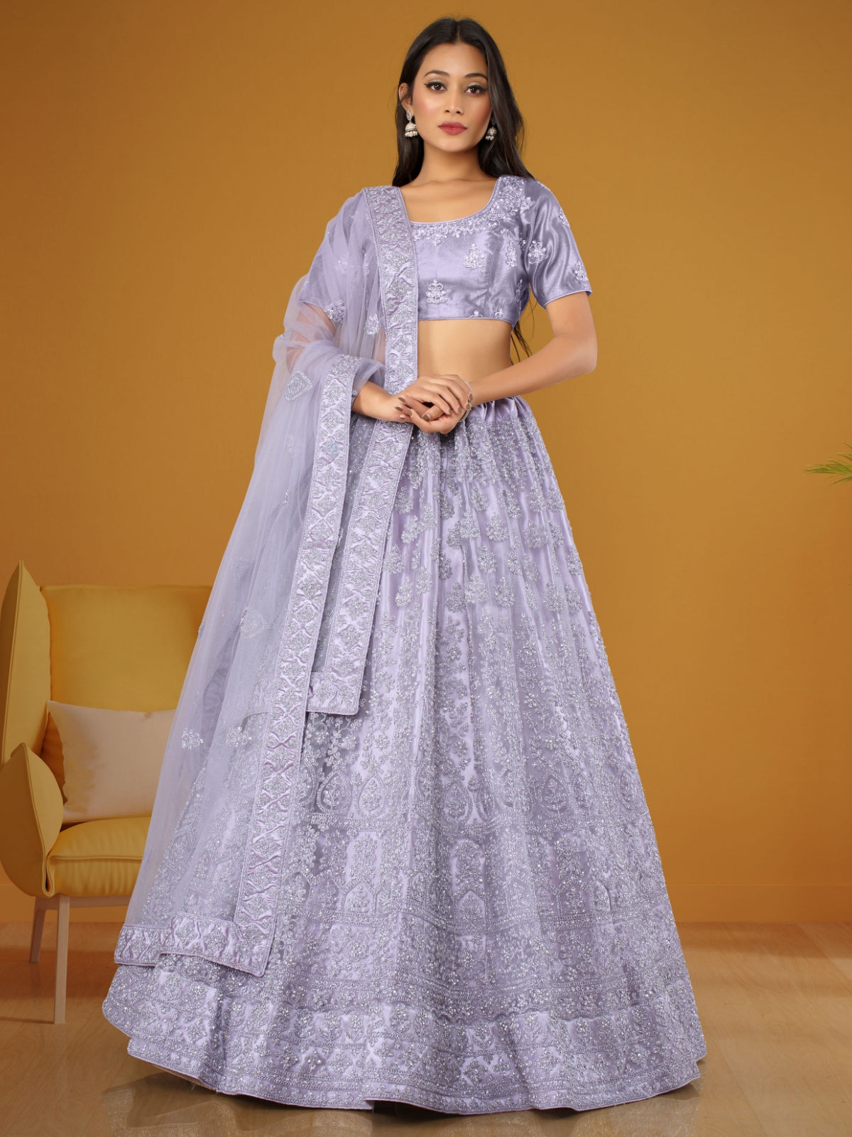 Odette Lavender Soft Net Semi Stitched  Lehenga With Unstitched Blouse For Women