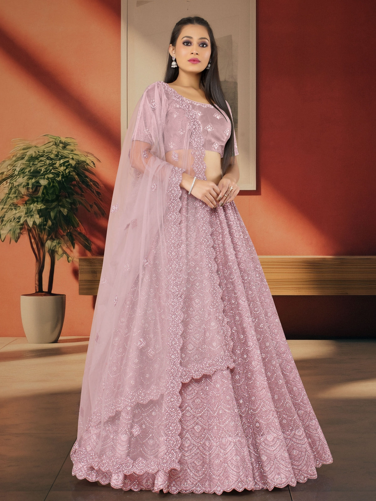 Odette Lilac Soft Net Semi Stitched  Lehenga With Unstitched Blouse For Women