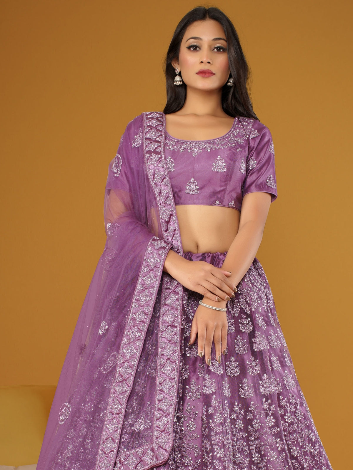Odette Purple Soft Net Semi Stitched  Lehenga With Unstitched Blouse For Women