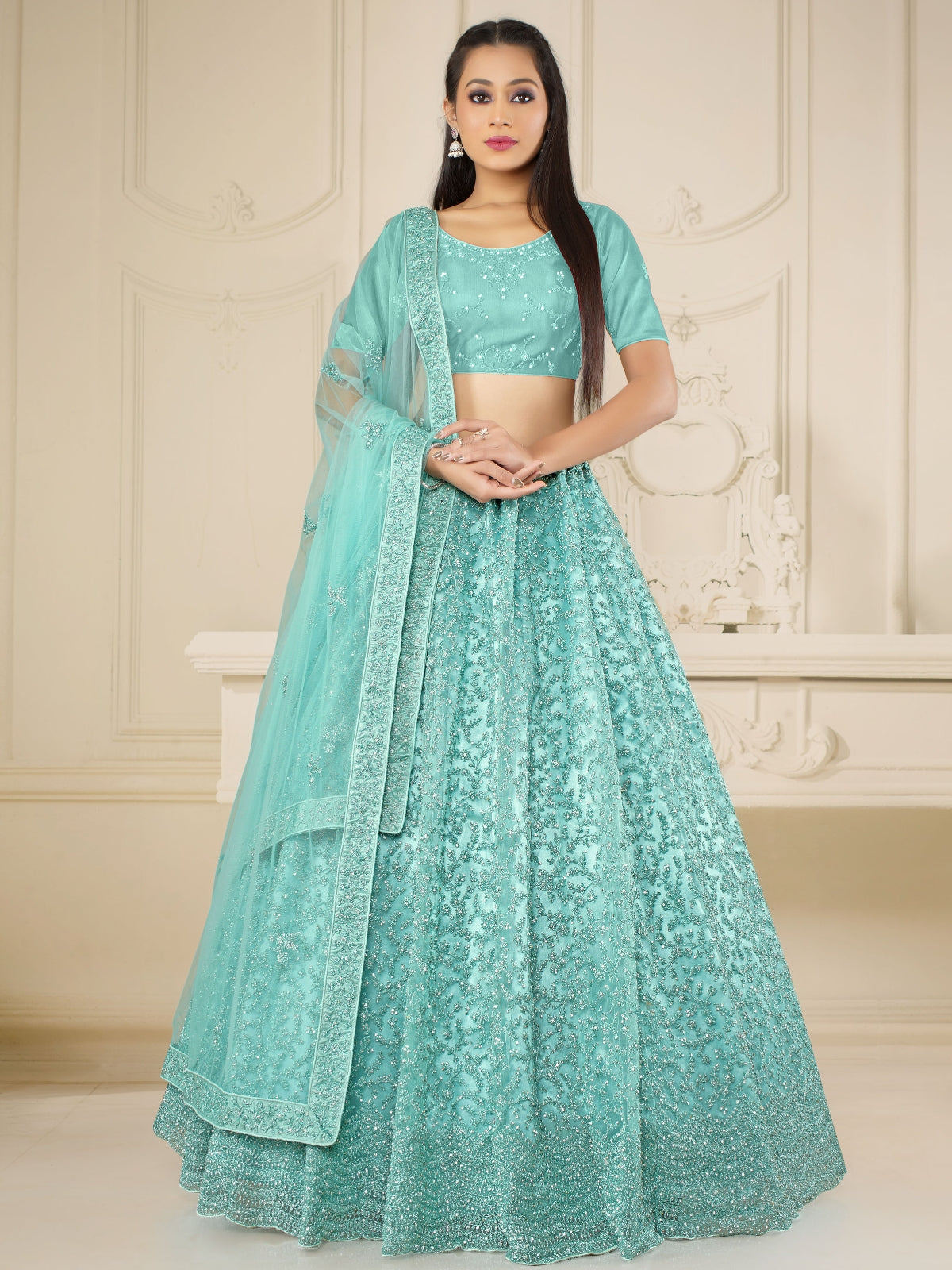 Odette Sea Green Soft Net Semi Stitched  Lehenga With Unstitched Blouse For Women