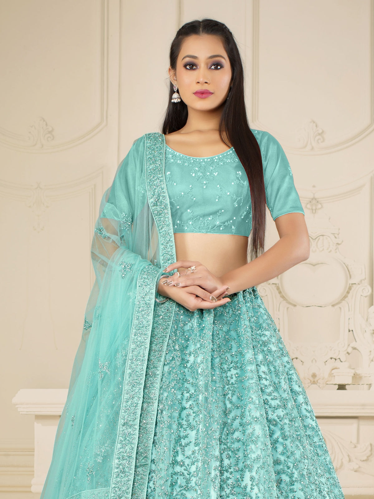 Odette Sea Green Soft Net Semi Stitched  Lehenga With Unstitched Blouse For Women