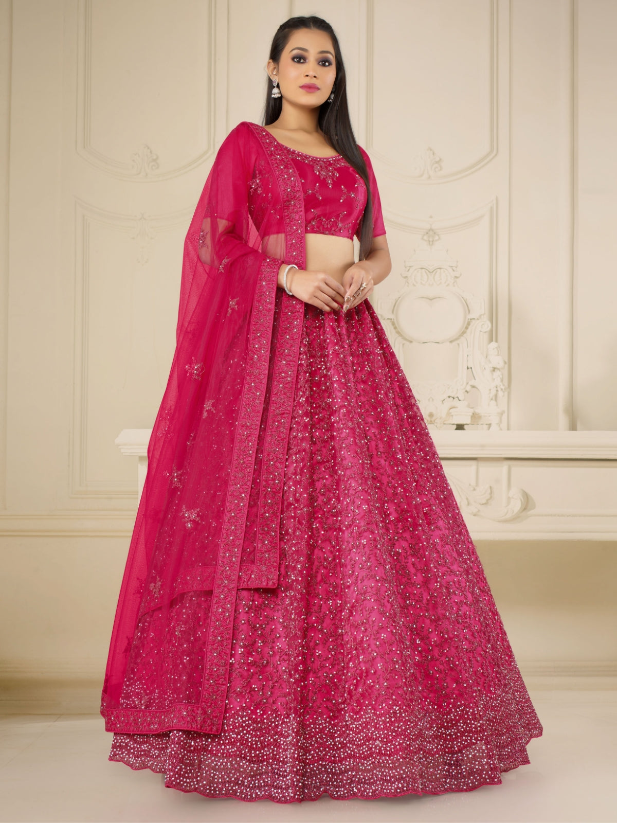 Odette Pink Soft Net Semi Stitched  Lehenga With Unstitched Blouse For Women