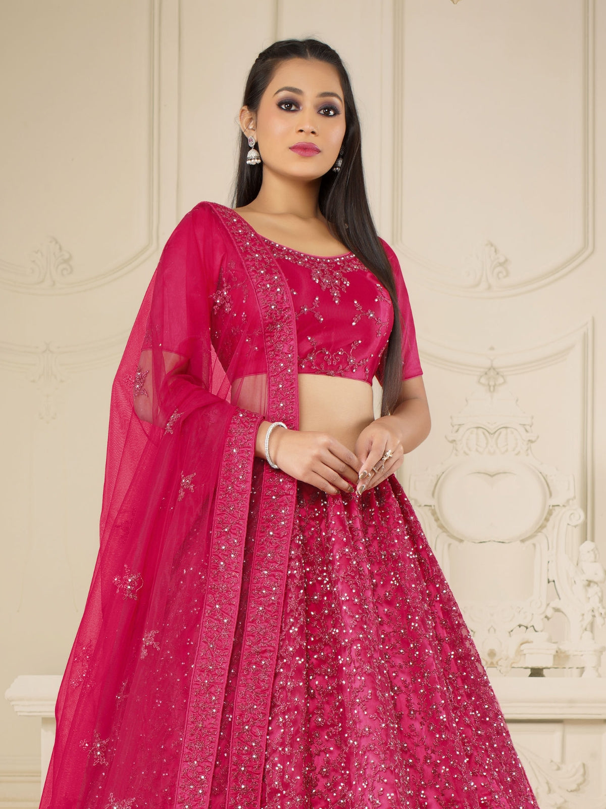 Odette Pink Soft Net Semi Stitched  Lehenga With Unstitched Blouse For Women